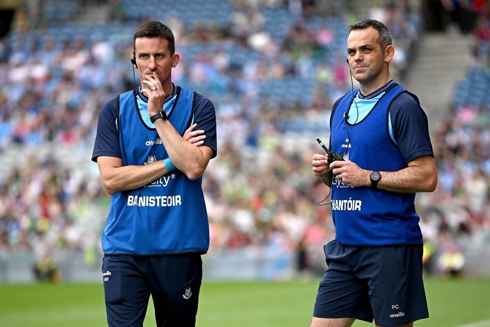 Dublin joint managers Derek Murray, left, and Paul Casey during the TG4 All-Ireland Ladies SFC final against Meath in August. Photo: Seb Daly/Sportsfile