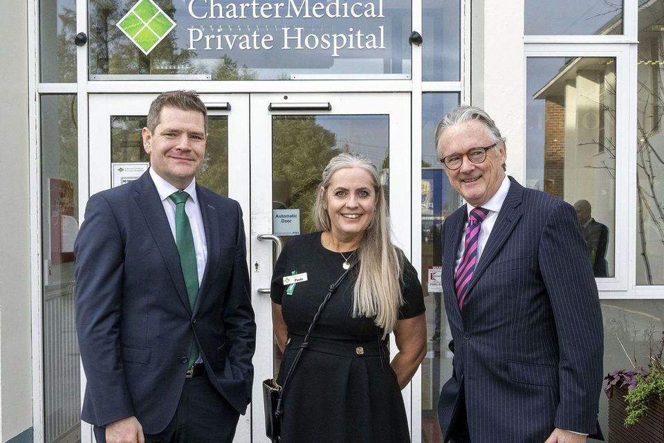 Enterprise Minister Peter Burke, Charter Medical CEO Paula Gray and chair Tom Byrne in Ballinderry at the announcement of the €50m investment. Photo: Michael Chester