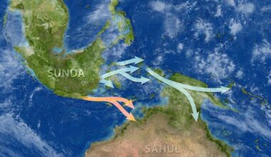 Map showing the two migration routes of the first people to arrive in Sahul 60,000 years ago.