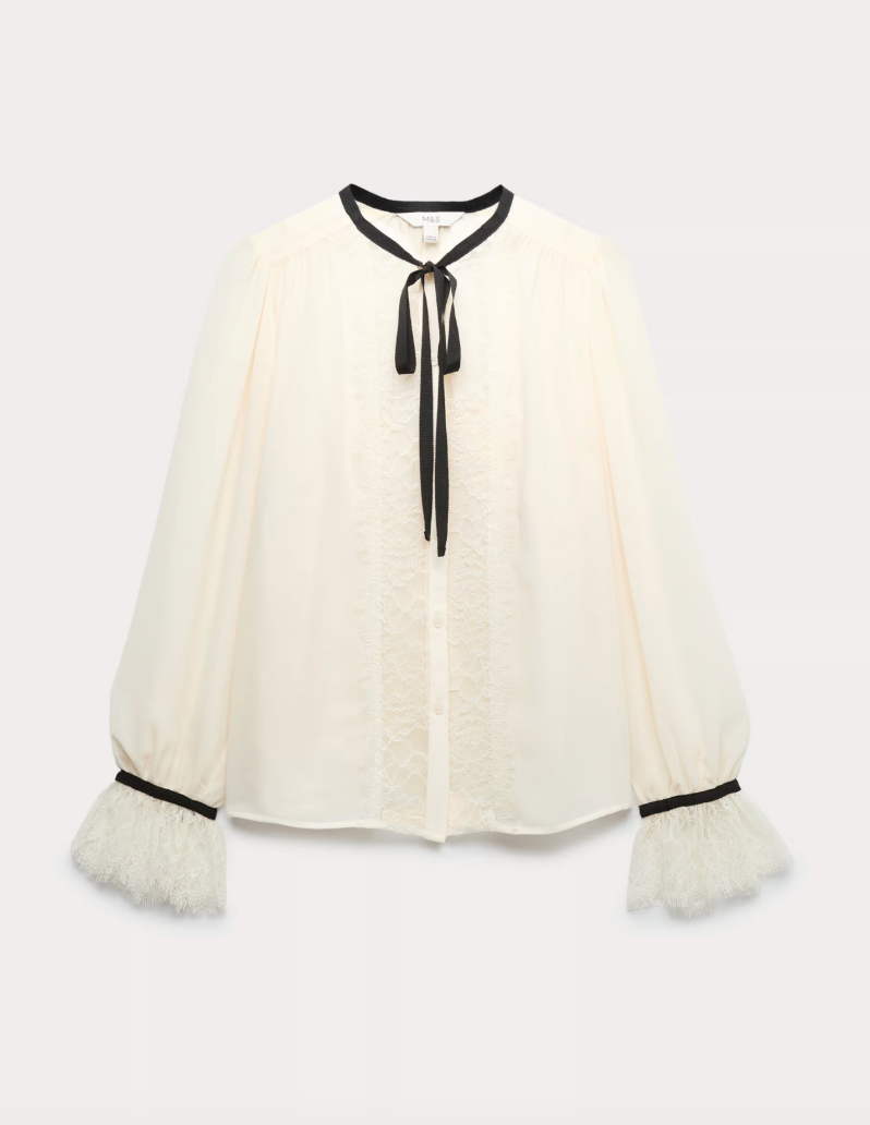 Contrast Tie Neck Frill Sleeve Lace Detail Top Contrast Tie Neck Frill Sleeve Lace Detail Top