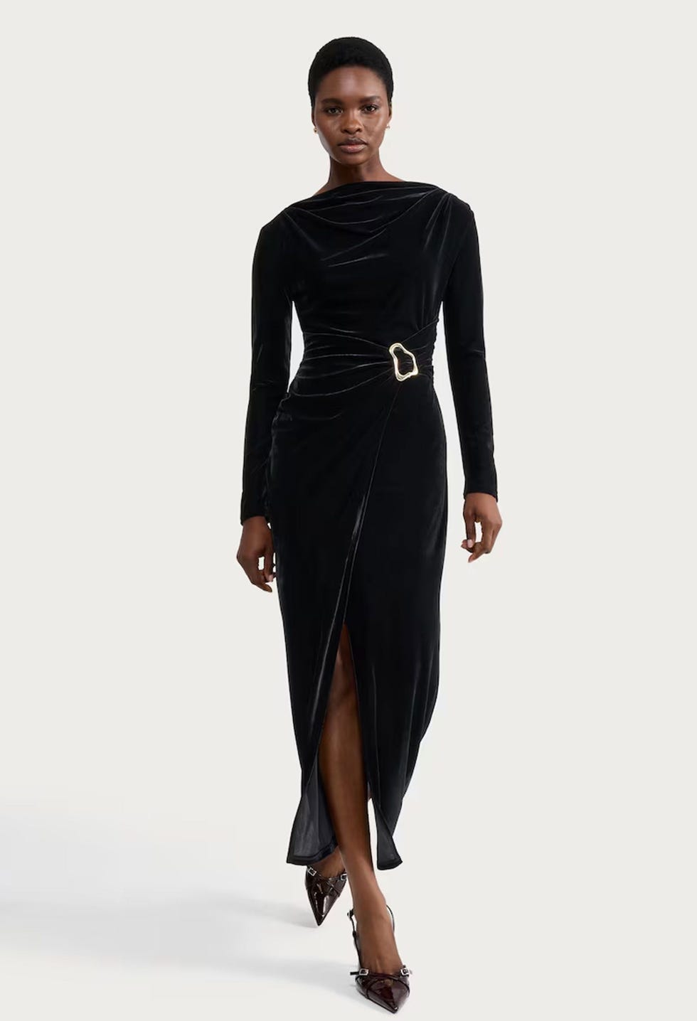 Draped Velvet Dress with Gold Buckle in Black Draped Velvet Dress with Gold Buckle in Black