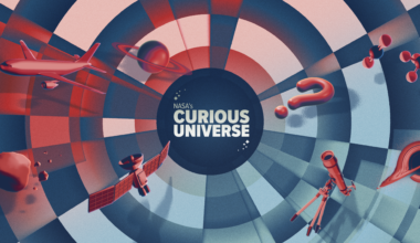 This image shows a navy blue circle with a logo in the center that reads “NASA’s Curious Universe” in white letters with stars in the upper left and bottom right. Surrounding the circle, there are panels of shades of alternative reds and blues with red icons floating. The icons include a plane, planet Saturn, an asteroid with smaller rocks surrounding, a satellite, a question mark, a telescope, molecules, and part of a visualization of a black hole.