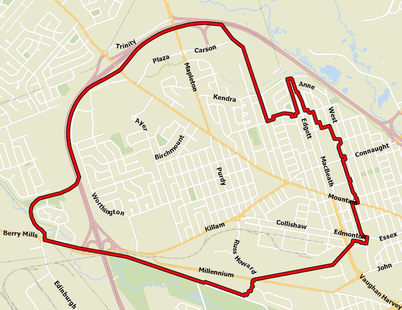 A map showing a red line around an area bordered by Wheeler Boulevard in the north and west, Millennium Boulevard in the south, and West Lane in the east, as well as the Westbrook Circle area.