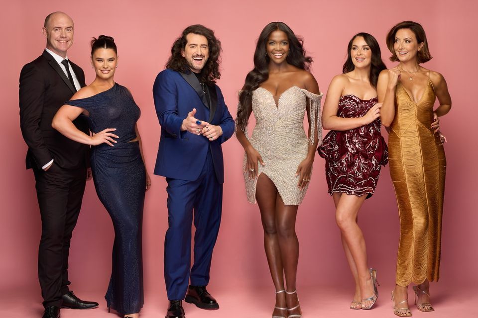 Judges: Brian Redmond (far left), Karen Byrne, Arthur Gourounlian, and Oti Mabuse; hosts Laura Fox and Jennifer Zamparelli. Photo: Barry McCall