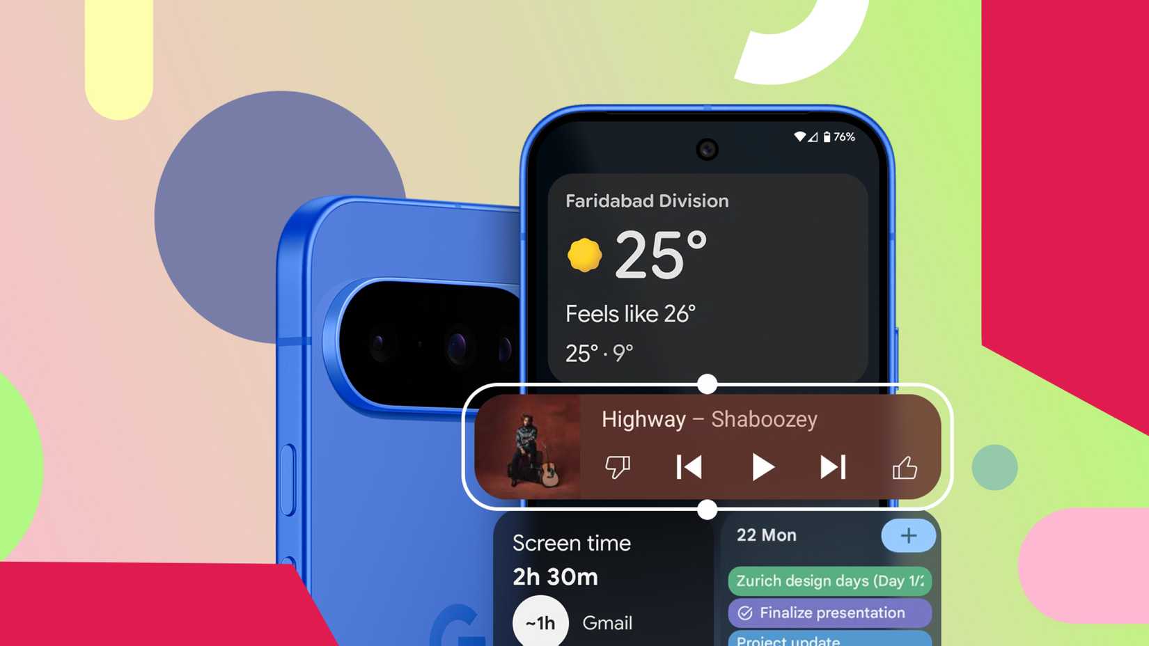 A Google Pixel 10 showing lock screen widgets, including a weather widget, music controls, screen time, and calendar events