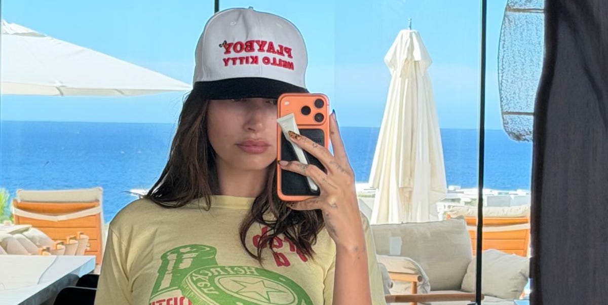 Hailey Bieber Wears Vintage Tee and Micro Shorts in New IG Selfie