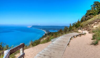 Picture of a walkway overlooking water in Traverse City Michigan , Sleeping Bear Dunes