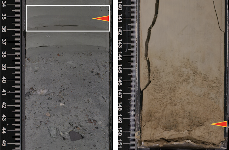 Two close-up images of drilling cores with various layers and textures, each with a small red arrow marking a specific point on the core.