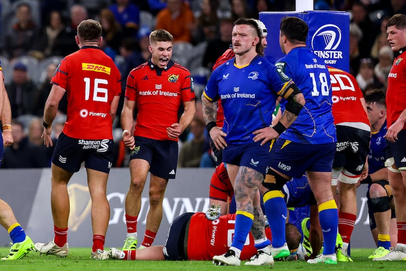 Munster’s Jack Crowley celebrates a late penalty during his team's URC defeat of Leinster at Croke Park on October 18th. Photograph: Ben Brady/Inpho