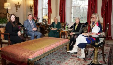 (L-R) Amy and John Hunt, Queen Camilla, Baroness Theresa May and Emma Barnett. Pic: PA/Buckingham Palace