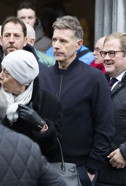 TV personality Dermot Bannon leaving after the funeral of Hugh Wallace. Photo: SAM BOAL/Collins Photos