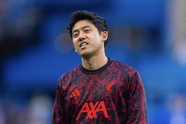 LONDON, ENGLAND - Saturday, October 4, 2025: Liverpool substitute Wataru Endo during the pre-match warm-up before the FA Premier League match between Chelsea FC and Liverpool FC at Stamford Bridge. (Photo by David Rawcliffe/Propaganda)