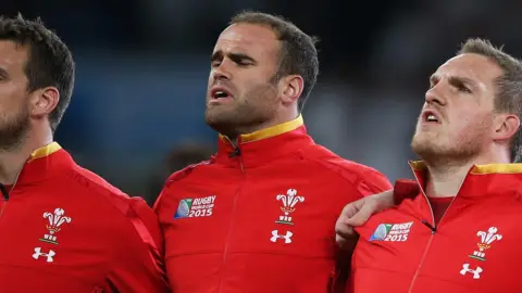 Getty Images Welsh rugby players from left to right: Sam Warburton, Jamie Roberts, Gethin Jenkins, Alun Wyn Jones and Callum Amos. All are in their Welsh rugby kits.