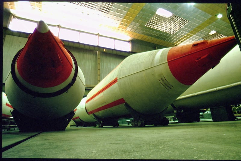 Cyclone and Zenith rockets assembled in the Yuzhmash factory, Dnipro, in the 1990s . Photograph: Antoine Gyori/Sygma/Getty Images)
