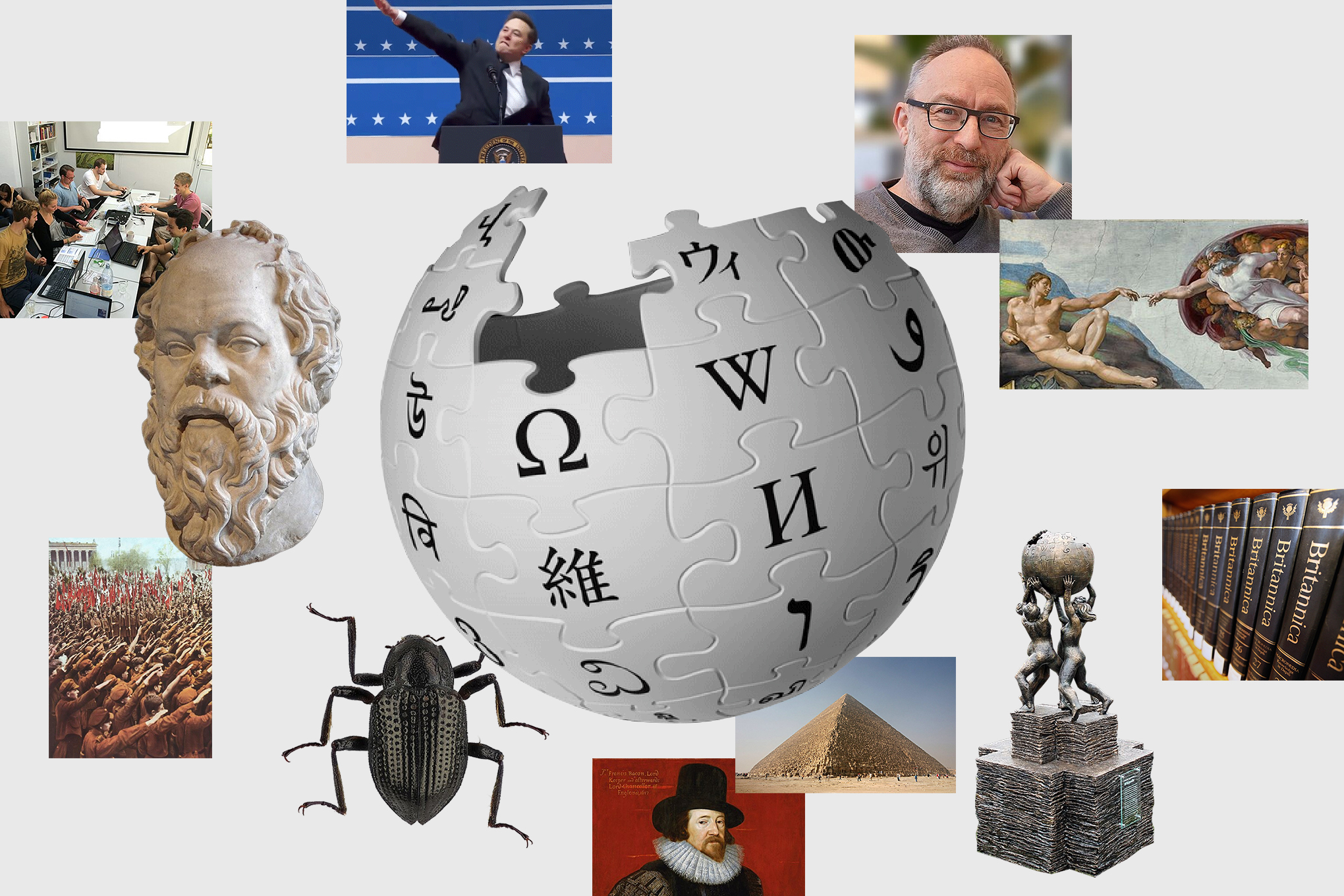 The Wikipedia globe surrounded by images from Wikipedia, like a portrait of Jimmy Wales and a bust of Socrates.