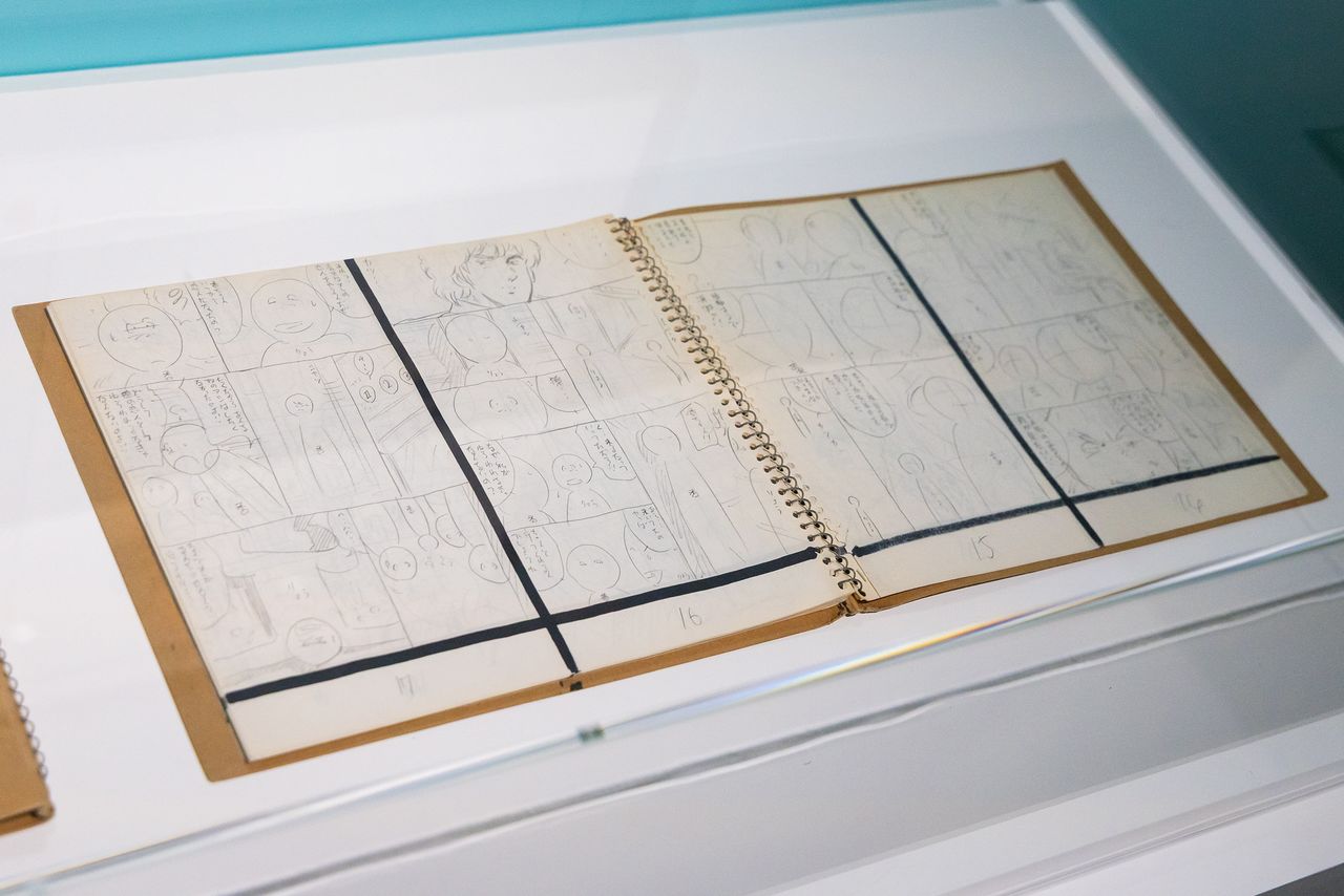 Early storyboards created before manuscript drafting, an irresistible sight for Hōjō Tsukasa fans. (© Nippon.com)