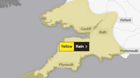 Met Office A map of south Wales and south-west England. It has a yellow area highlighted, which shows where a weather warning is in place.