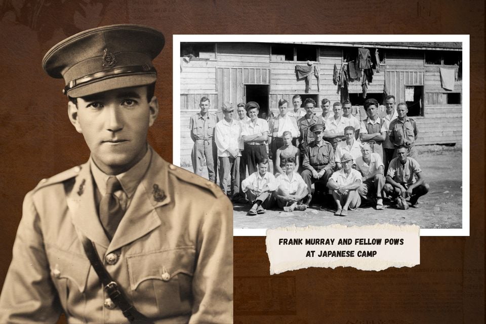 Dr Frank Murray and inset with his fellow PoWs at Japanese camp