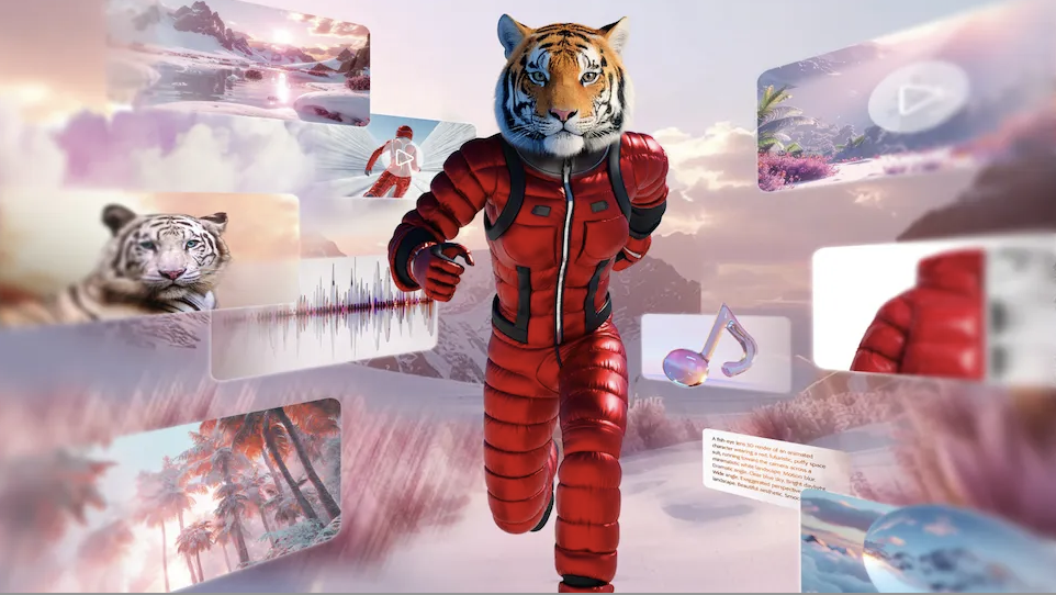 A stylized digital image features a bipedal tiger character wearing a red, padded snowsuit running forward, surrounded by floating screens displaying various digital media elements