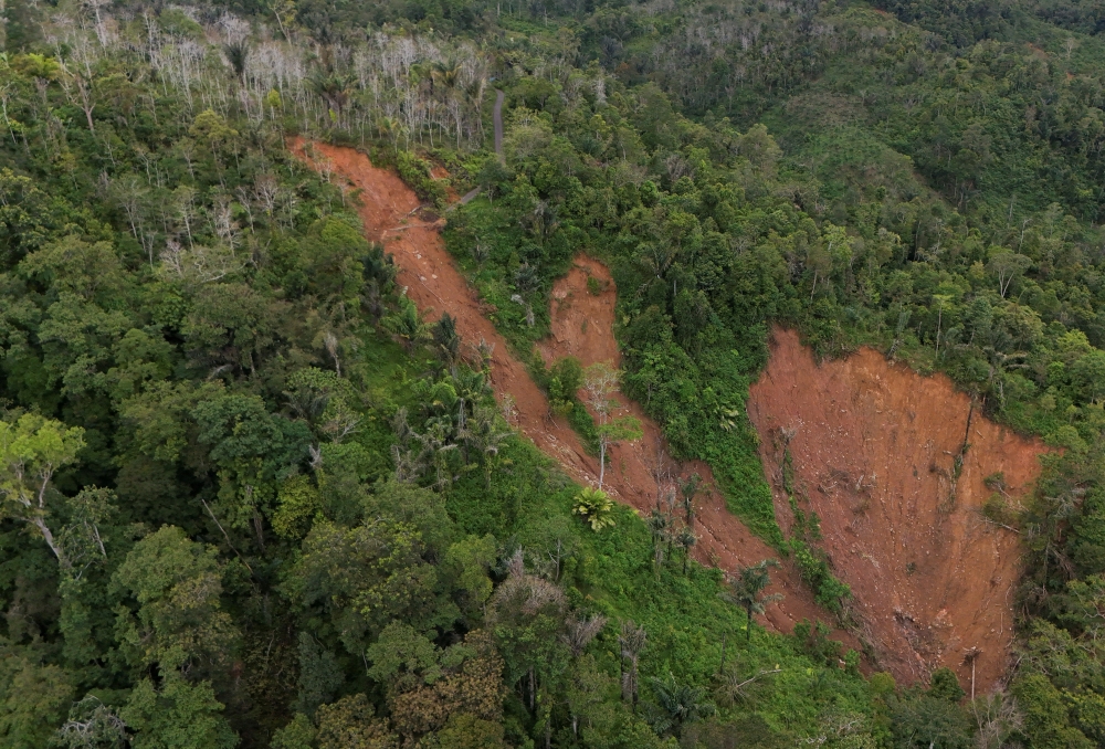 A drone view of an area affected by landslides that cut off the road in Bulu Mario village of Sipirok in South Tapanuli, North Sumatra province December 8, 2025. — Reuters pic