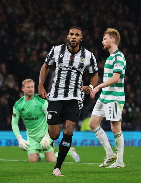 St Mirren's Jonah Ayunga celebrates scoring the winning goal. Photo: Reuters/Craig Brough
