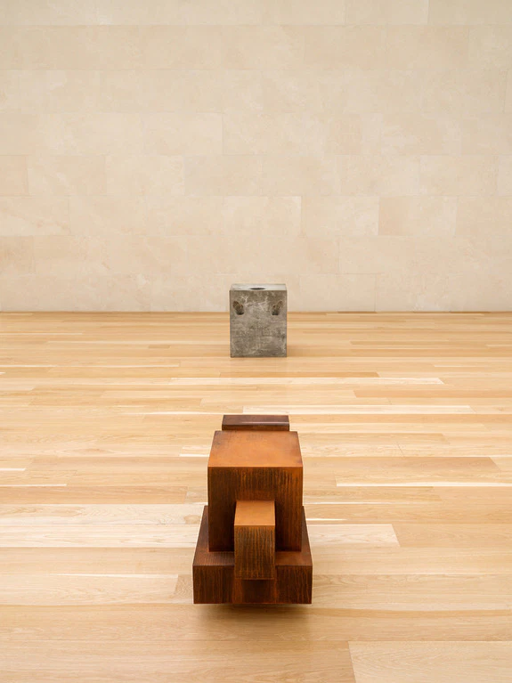 Two cubic sculptures, one rust-colored in the foreground and a gray one in the background, on a wooden floor.