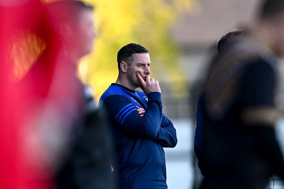 Naas manager Philly McMahon ponders his options during the Kildare SFC final against Athy in Newbridge. Photo: Piaras Ó Mídheach/Sportsfile
