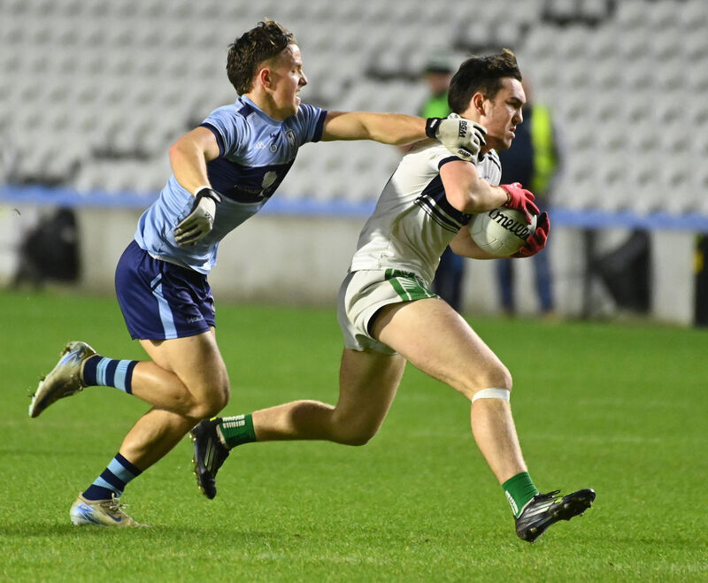 Coláiste Choilm, Ballincollig's Danny Miskella is tackled by Clonakilty community college's Dylan Harrington. Picture; Eddie O'Hare