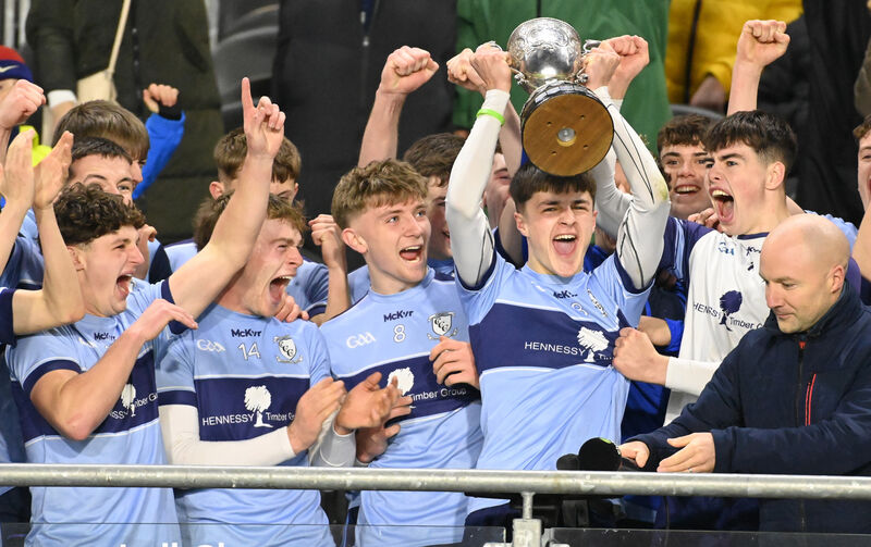 Clonakilty community college captain Sean Whelton raises the trophy after defeating Coláiste Choilm. Picture: Eddie O'Hare