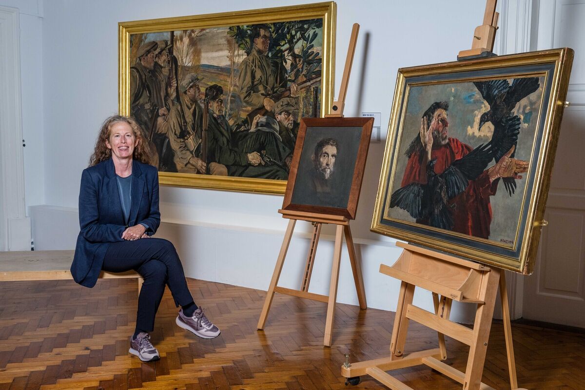Crawford Art Gallery director Mary McCarthy at the unveiling in October 2024 of new artworks acquired by the national institution including works by Seán Keating: Elijah with the Ravens, Version II (1930) and his self-portrait (c 1961), alongside the gallery’s previously-acquired work by the same artist 'Men of the South', depicting members of the North Cork Brigade during the War of Independence. Picture: Joleen Cronin