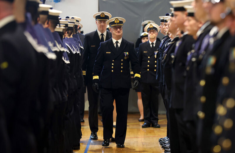 Commodore Michael Malone conducting a final inspection during his stand down parade last week at Haulbowline Naval Base, Cork Harbour. See links at the foot of this article. Picture: Jim Coughlan 