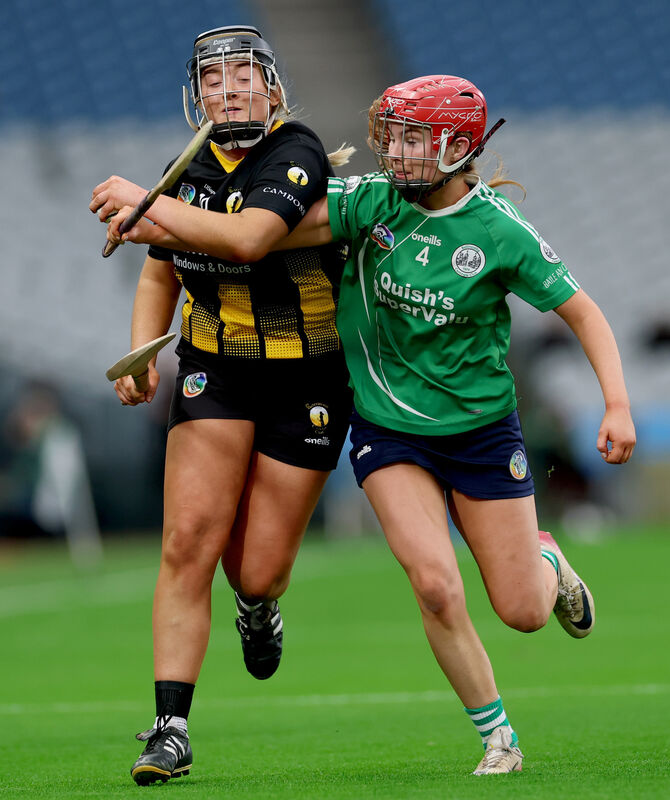 Camross’ Leah Daly and Cara O’Sullivan of Ballincollig battle for the sliotar. Picture: INPHO/James Crombie