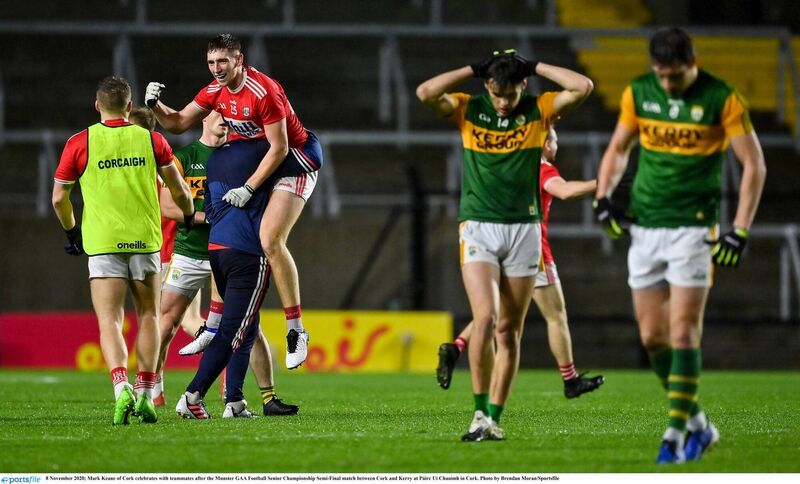 Mark Keane of Cork celebrates with teammates after beating Kerry in 2020. Picture: Brendan Moran/Sportsfile