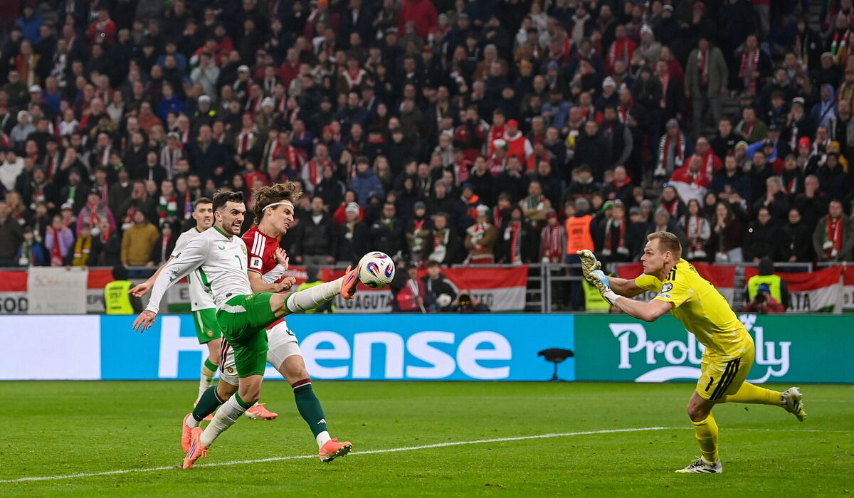 Troy Parrott scores the Republic of Ireland's winner against Hungary to continue their hopes of qualifying for the World Cup. Photo: Stephen McCarthy/Sportsfile