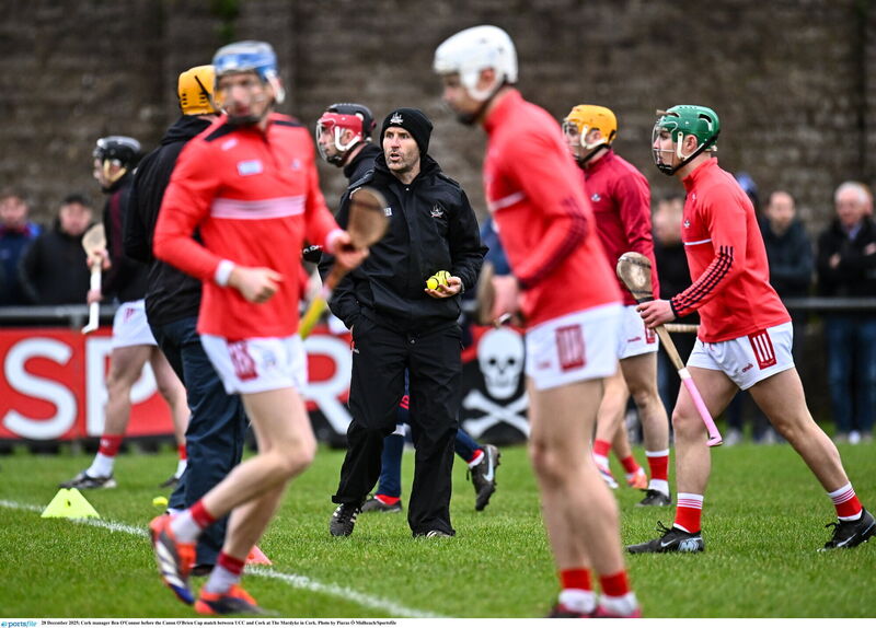 The Cork hurlers warm up before the UCC game on Sunday. Picture: Piaras Ó Mídheach/Sportsfile