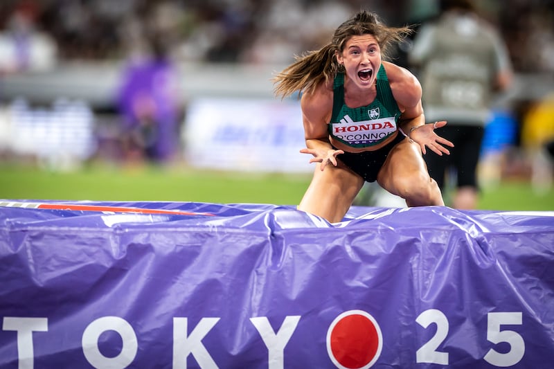 Kate O'Connor after jumping a new lifetime best height on the way to a historic silver medal at the World Athletics Championships. Photograph: Morgan Treacy/Inpho
