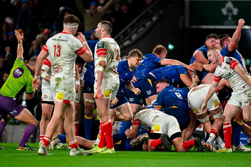 Dan Sheehan of Leinster, hidden, dives over to score his side's fourth try during the United Rugby Championship win over Ulster at the Aviva Stadium in Dublin. Photo by Seb Daly/Sportsfile
