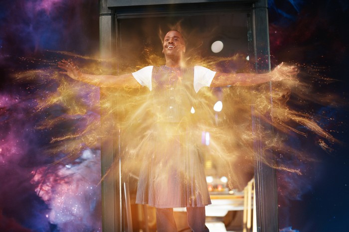Ncuti Gatwa as The Doctor in Doctor Who Ncuti Gatwa as The Doctor in Doctor Who. He is stood on the edge of the TARDIS doors, which is floating in space, with his arms out as his character regenerates, with his chest engulfed in a yellow glow