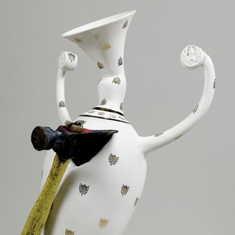 Laurent Craste, Révolution VI (detail), 2021. Porcelain, glaze, bright gold and axe