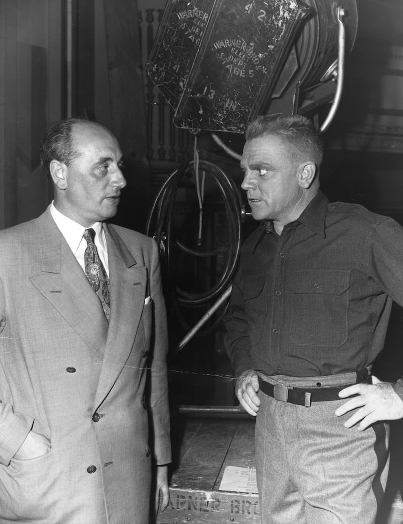 Louis Elliman was a guest at the Warner Bros Studios, and is pictured here on the set of The West Point Story with James Cagney. Courtesy of Wendy Elliman