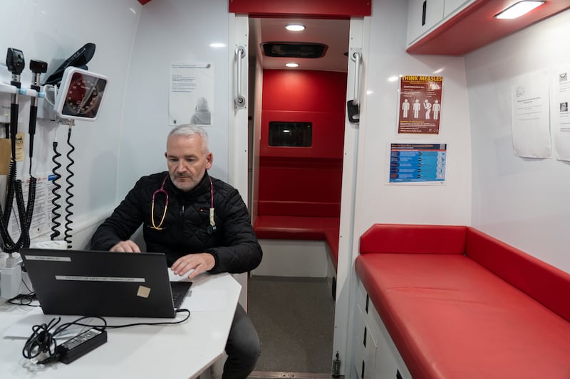 Dr Enda Barron inside the mobile health unit run by Safetynet Primary Care. Photograph: Barry Cronin