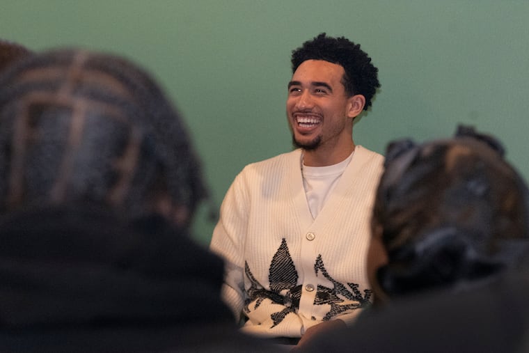 Sixers' Jared McCain spoke with student about mental health and the challenges he faced recovering from a past his injuries at Level Up Philly on Wednesday.