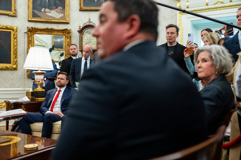 Susie Wiles, seated right, the White House chief of staff, attends a meeting in the Oval Office of the White House. Photograph: Eric Lee/The New York Times
                      