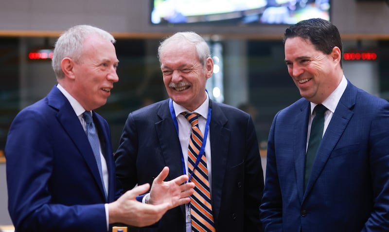 Timmy Dooley, Minister of State with responsibility for Fisheries, Dutch minister of fisheries Jean Rummenie and Minister for Agriculture Martin Heydon at the European Fisheries and Agriculture Council in Brussels, Belgium. Photograph: Olivier Hoslet/EPA