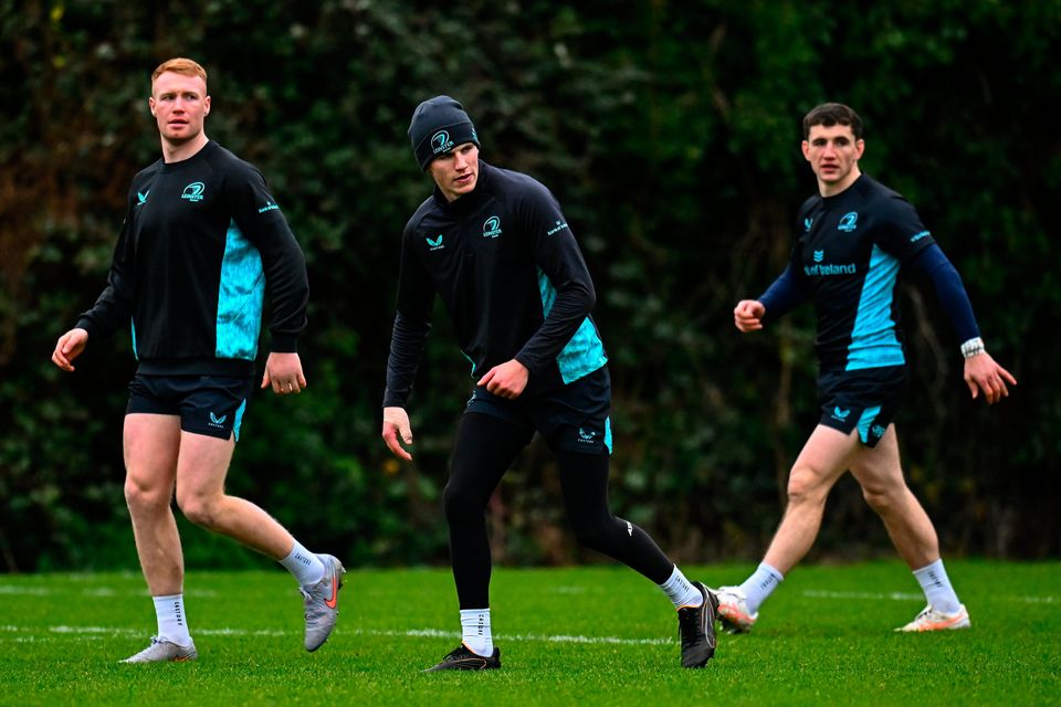 Leinster's, from left, Ciarán Frawley, Sam Prendergast and Cormac Foley during squad training at Rosemount in UCD. Photo: Piaras Ó Mídheach/Sportsfile