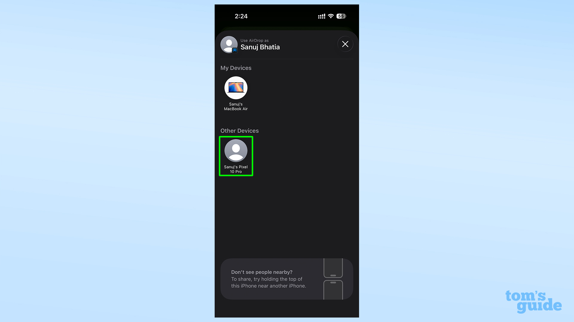 Selecting a Pixel in AirDrop when using Quick Share between iPhone and Pixel