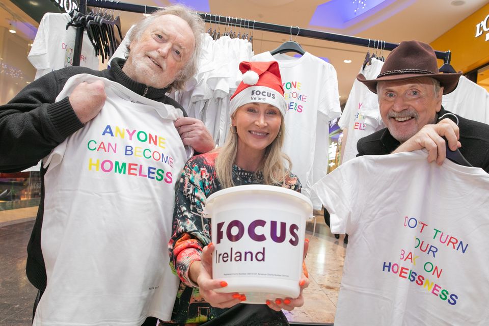 Musician Barry Devlin, designer Helen Steele and actor Patrick Bergin selling T-shirts for Rock Against Homelessness in aid of Focus Ireland at Dundrum Shopping Centre, Dublin. Photo: Gareth Chaney