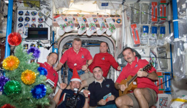 Expedition 34 crew members pictured in the Unity node of the International Space Station in December 2012. Credit: NASA
