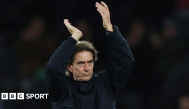 Spurs head coach Thomas Frank applauds fans after the home win against former club Brentford in the Premier League.