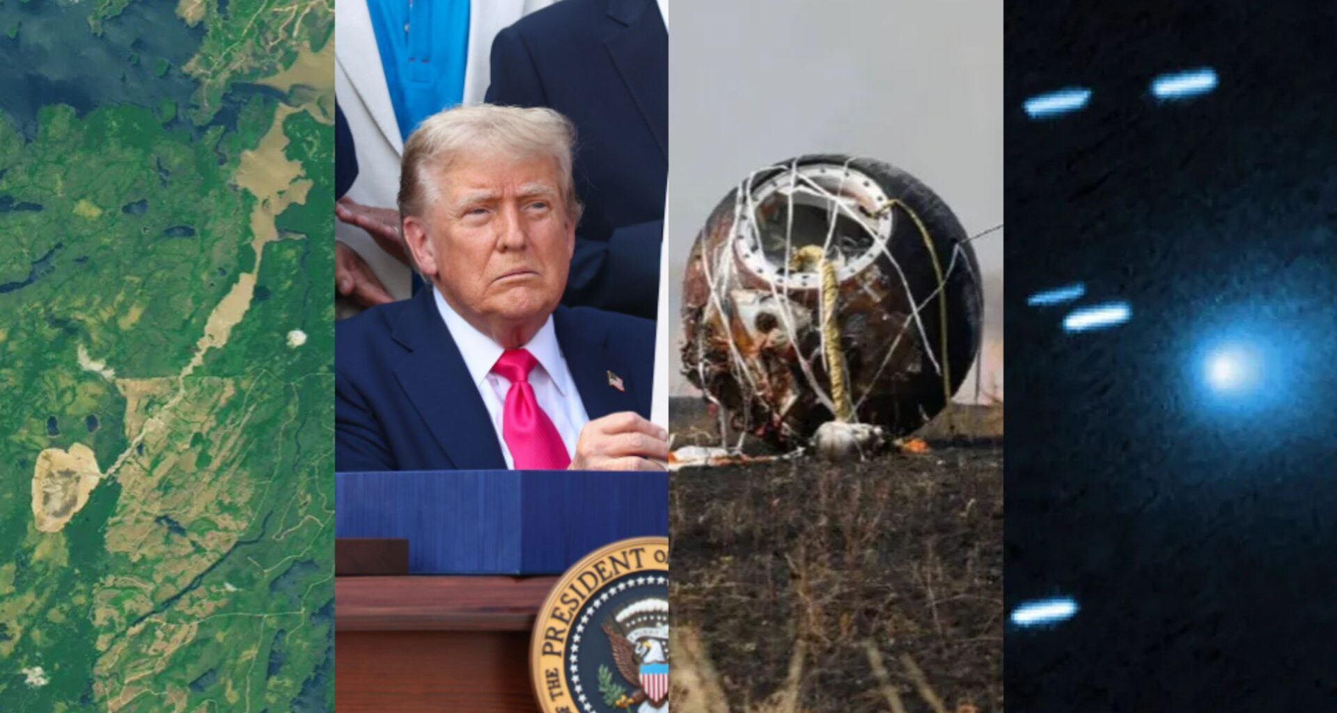 Four images next to each other, from left to right an image of a green and brown Earthen landscape, a photo of president Trump wearing a red tie and black suit, a photo of a metal ball with wires coming out and a glowing blue light in a deep space image